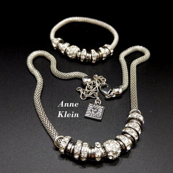 Anne Klein Mesh Charm Necklace & Bracelet Set, Rhinestone Sliding Charms - Picture 1 of 10